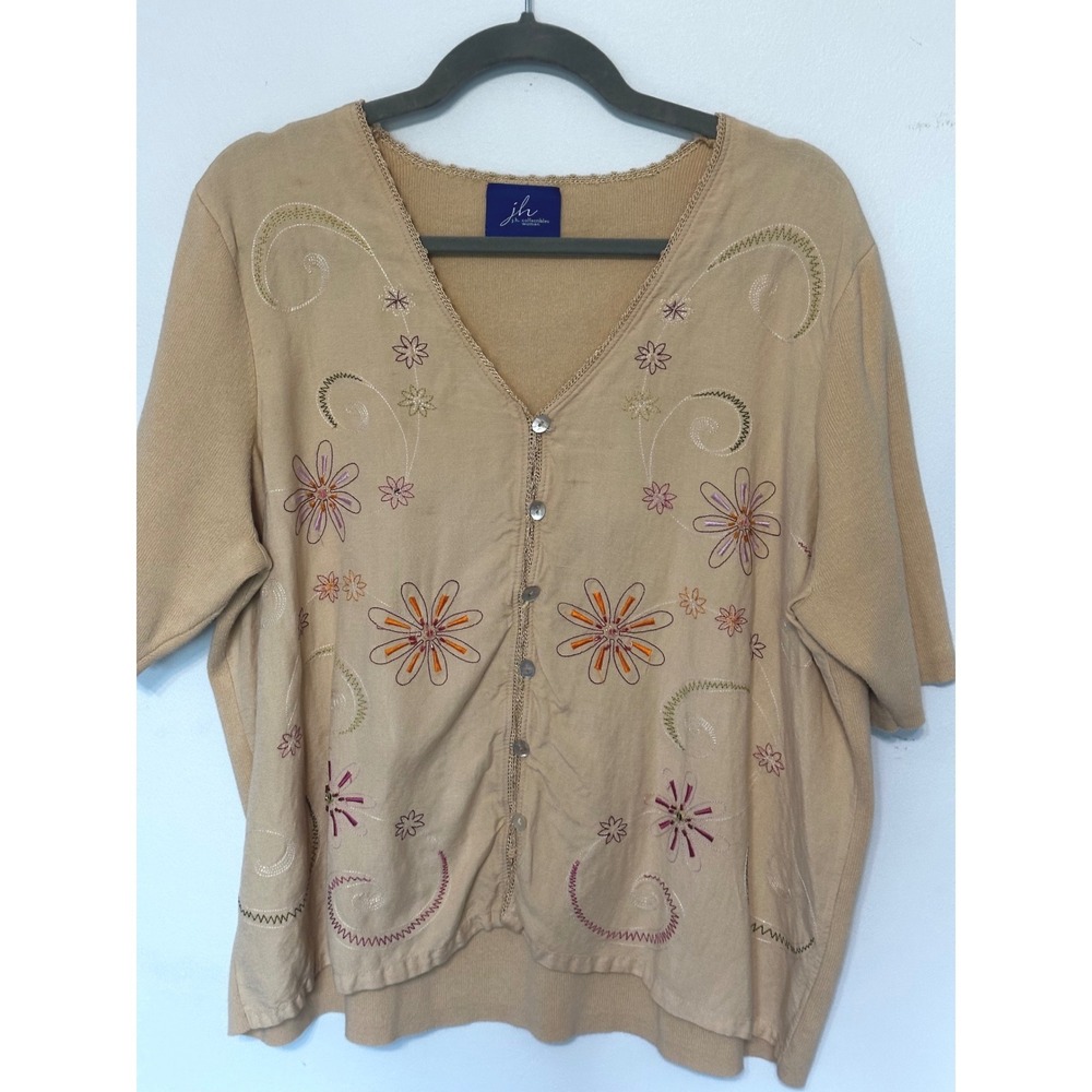 JH Collectibles Woman Tan Floral Embroidered Short Sleeve Cardigan Sweater Plus